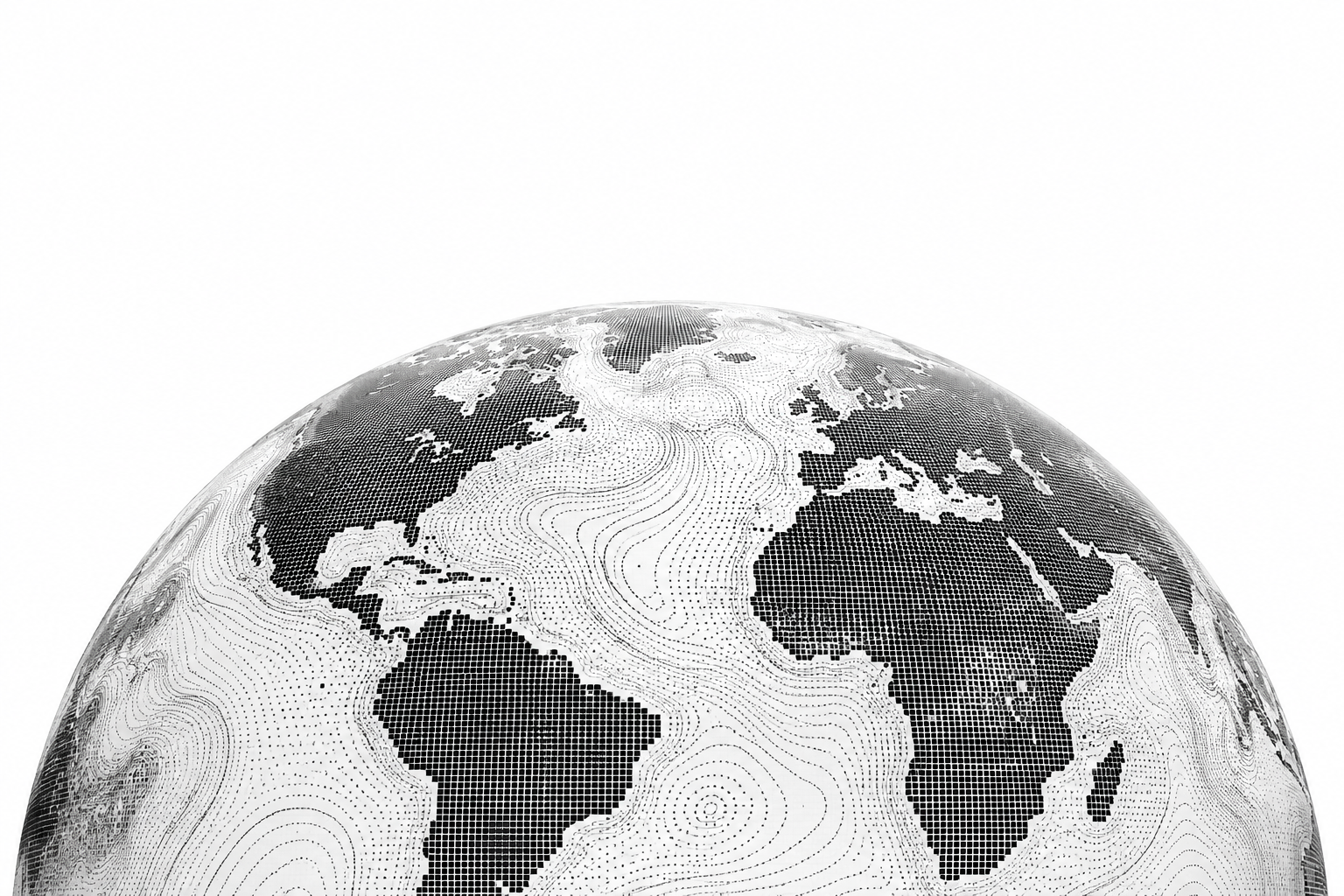 An abstract monochrome globe formed from map contours and pixels